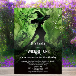 Green Black Witch Wicked One Girl First Birthday Invitation
