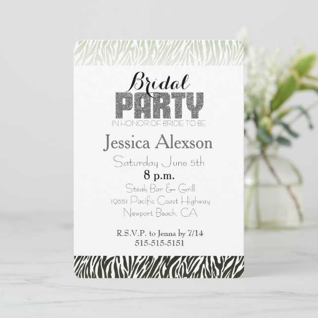 Green Black Zebra Print Bridal Shower Invitation (Standing Front)