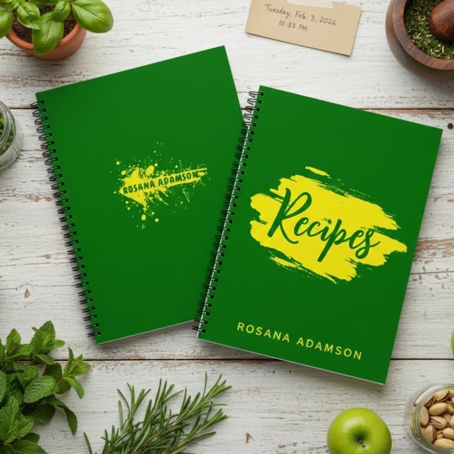 Green Blank Recipe Pages Journal with Yellow Name  (kitchen organization gift, forest green stationery, personalized gift for cook)