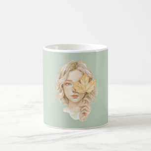 Green Blonde Girl Yellow Leaf Fall Coffee Mug