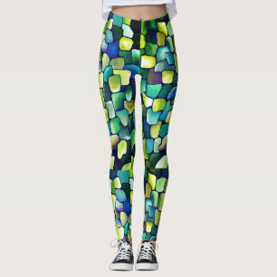 Green Blue Abstract Watercolor Whimsical Pattern Leggings