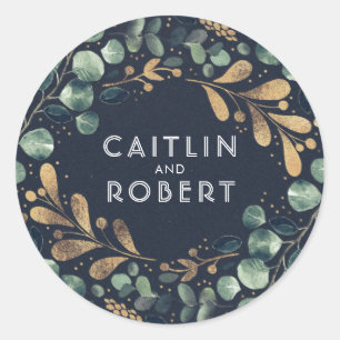 Green Blue and Gold Greenery Wedding Classic Round Sticker