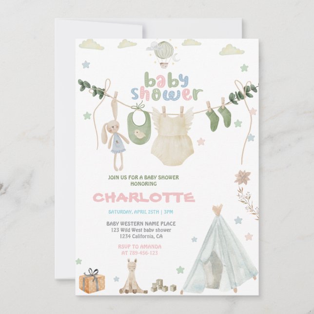 Green , blue and Pink Watercolor Baby Shower Invitation (Front)