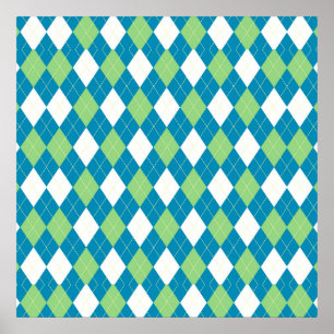 Green Blue and White Argyle Pattern Poster