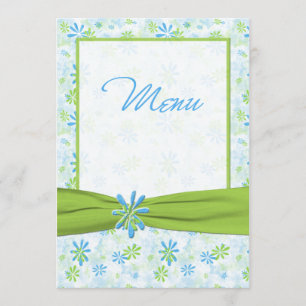 Green, Blue, and White Floral Wedding Menu Card