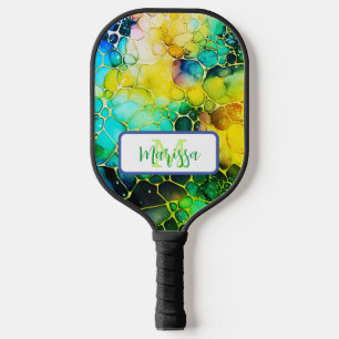 Green, Blue and Yellow Alcohol and Ink Artsy  Pickleball Paddle