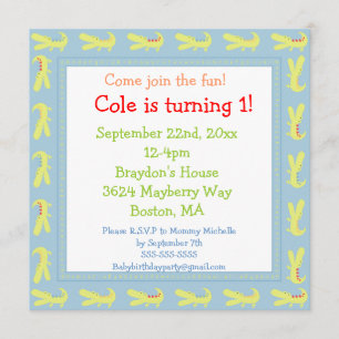 Green & Blue Baby Alligator Birthday Invitations
