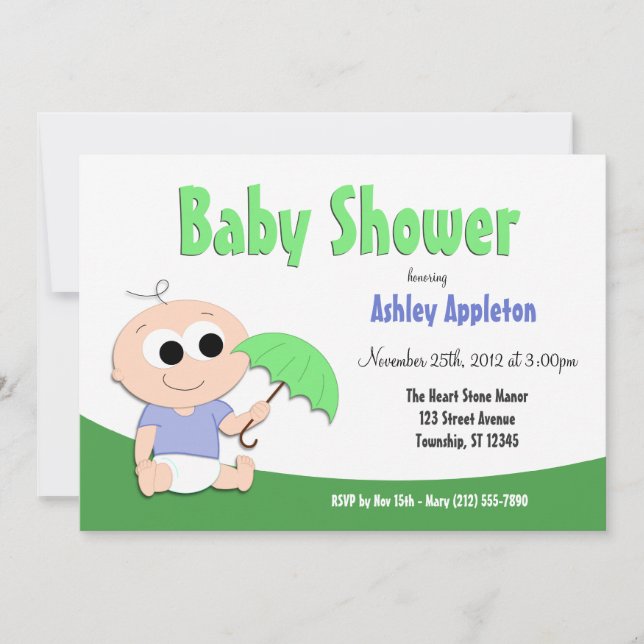 Green & Blue Baby Umbrella - Shower Invitations (Front)
