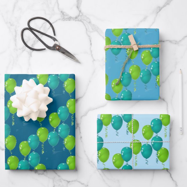 Green Blue Balloons Design Wrapping Paper Sheet (Front)
