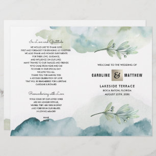 Green Blue Berry Branch Watercolor Wedding Program