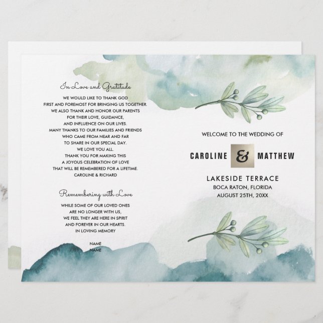 Green Blue Berry Branch Watercolor Wedding Program (Front/Back)