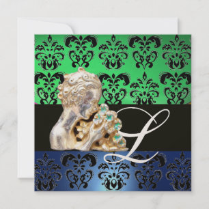GREEN BLUE ,BLACK, WHITE DAMASK JEWEL MONOGRAM INVITATION