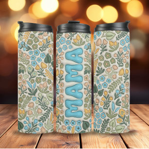 Green Blue Boho Flowers 3D Effect Mama Thermal Tumbler