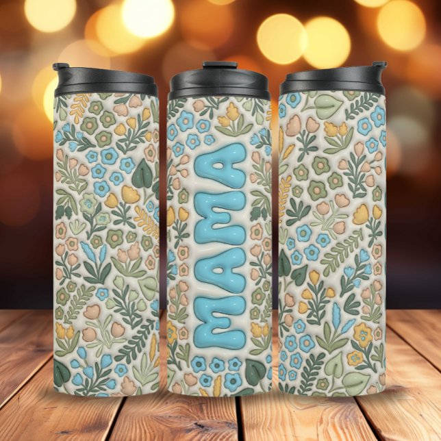 Green Blue Boho Flowers 3D Effect Mama Thermal Tumbler (3D Inflated Light Blue Boho Flowers Mama Thermal Tumbler)