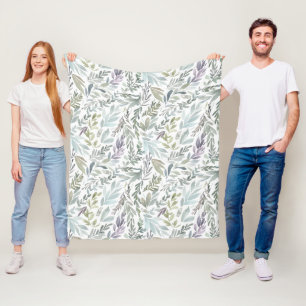 Green Blue Botanical Watercolor Fleece Blanket