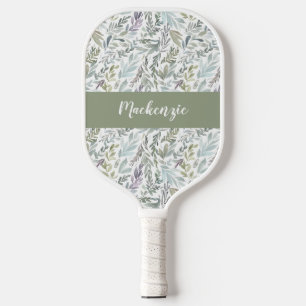 Green Blue Botanical Watercolor Monogram Name Pickleball Paddle