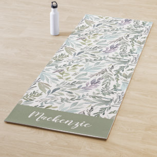 Green Blue Botanical Watercolor Monogram Name Yoga Mat