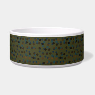 green, blue, brown, bronze, and black polka dot