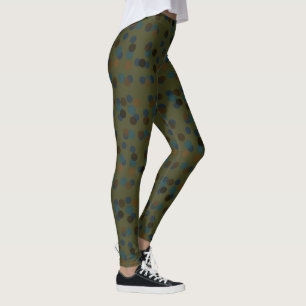 green, blue, brown, bronze, and black polka dot leggings