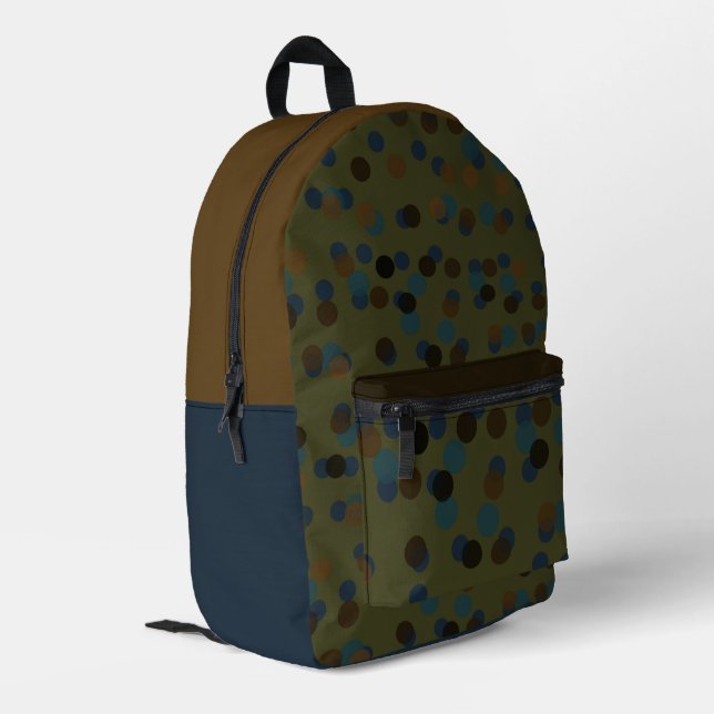 green, blue, brown, bronze, and black polka dot printed backpack (Back Corner Left)