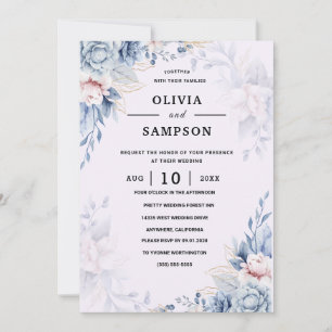 Green Blue Burgundy Gold Blush Pink wedding Invitation