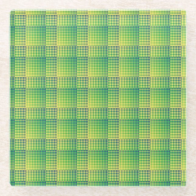 Green Blue Checker Abstract Pattern Glass Coaster (Front)