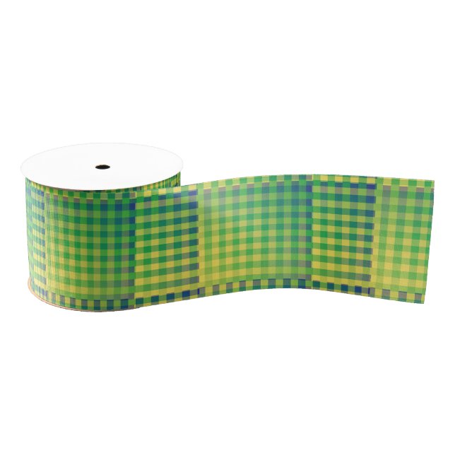 Green Blue Checker Abstract Pattern Grosgrain Ribbon (Spool)