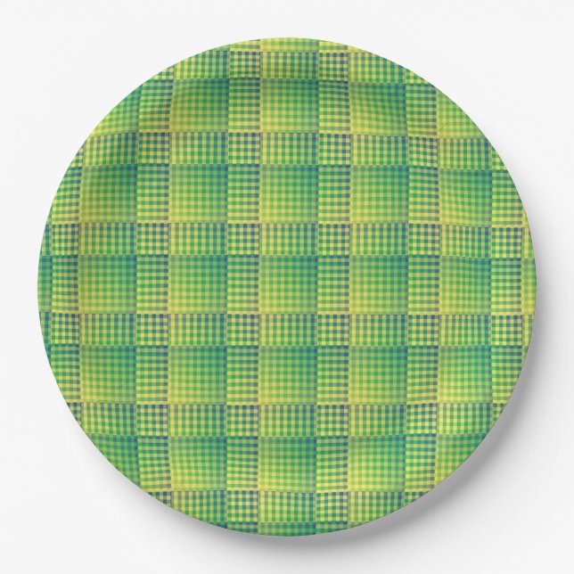 Green Blue Checker Abstract Pattern Paper Plate (Front)