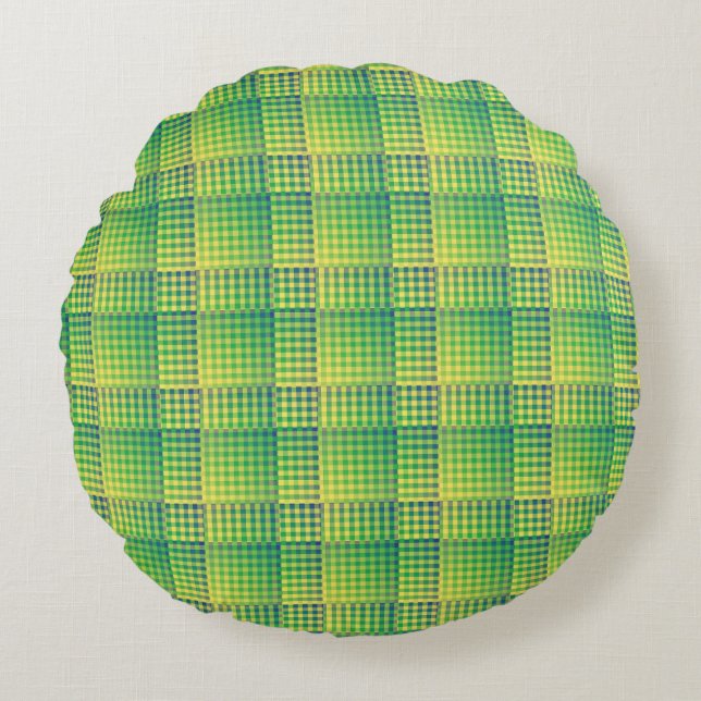 Green Blue Checker Abstract Pattern Round Cushion (Front)