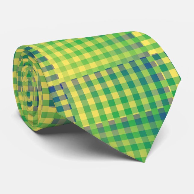 Green Blue Checker Abstract Pattern Tie (Rolled)