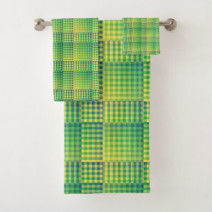 Green Blue Chequered Abstract Pattern Bath Towel Set