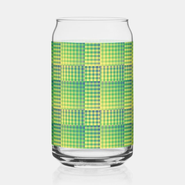 Green Blue Chequered Abstract Pattern Can Glass (Front)