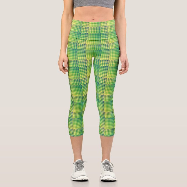 Green Blue Chequered Abstract Pattern Capri Leggings (Front)