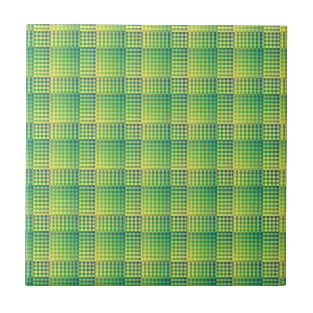Green Blue Chequered Abstract Pattern Ceramic Tile (Front)