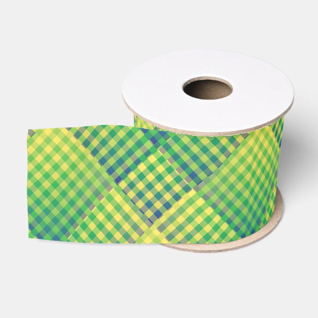 Green Blue Chequered Abstract Pattern Grosgrain Ribbon (Spool)