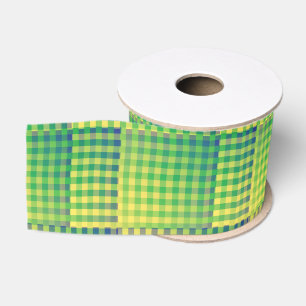 Green Blue Chequered Abstract Pattern Grosgrain Ribbon