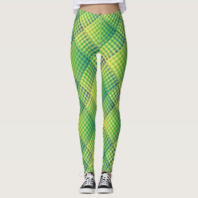 Green Blue Chequered Abstract Pattern Leggings (Front)