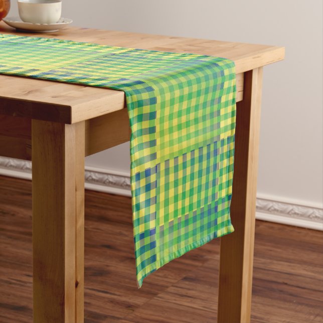 Green Blue Chequered Abstract Pattern Medium Table Runner (In Situ)
