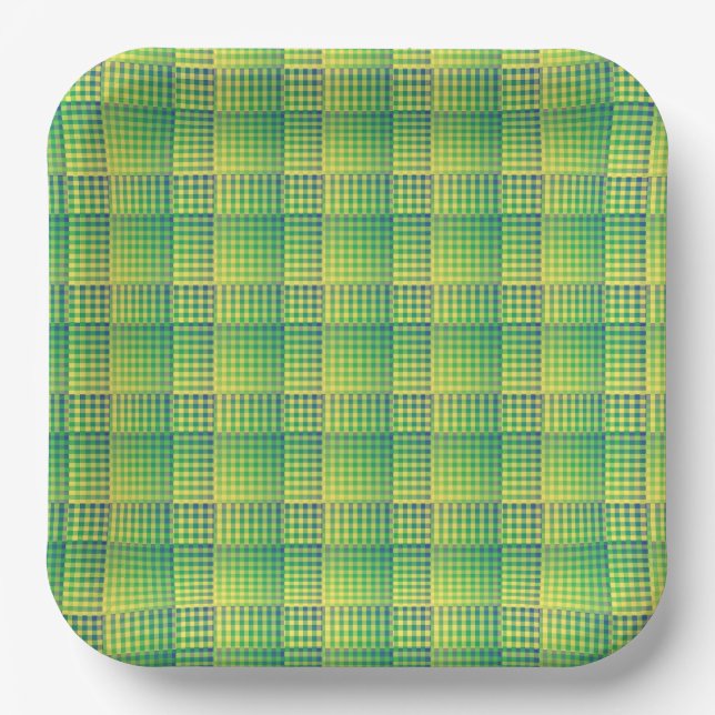 Green Blue Chequered Abstract Pattern Paper Plate (Front)