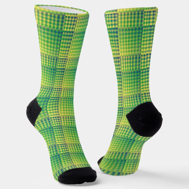 Green Blue Chequered Abstract Pattern Socks (Angled)