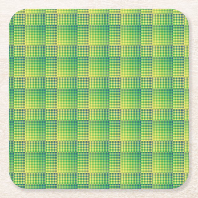 Green Blue Chequered Abstract Pattern Square Paper Coaster (Front)