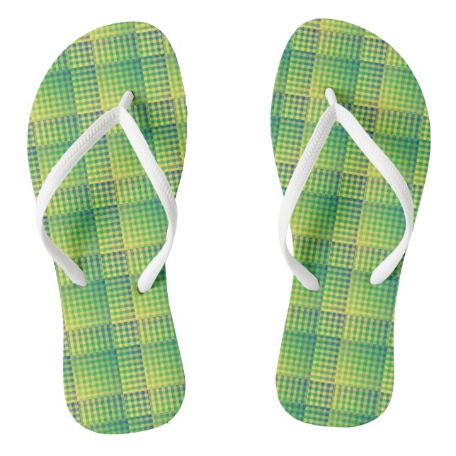Green Blue Chequered Abstract Pattern Thongs (Footbed)