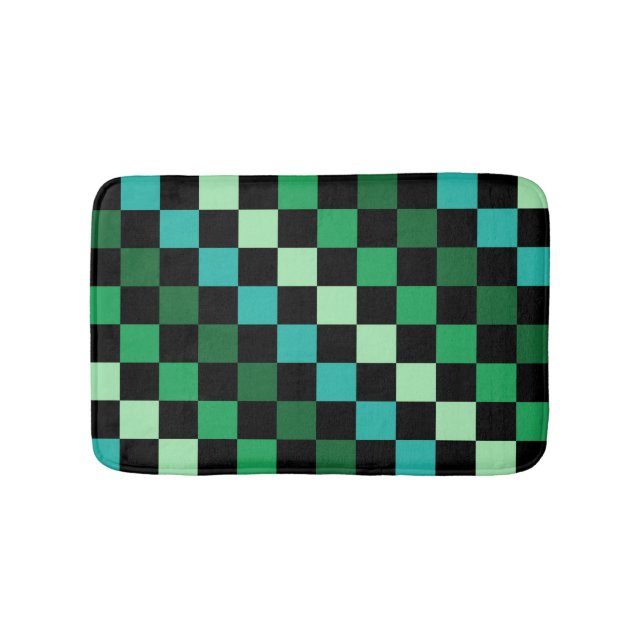 Green Blue Chequered Gingham Pattern Bath Mat (Front)