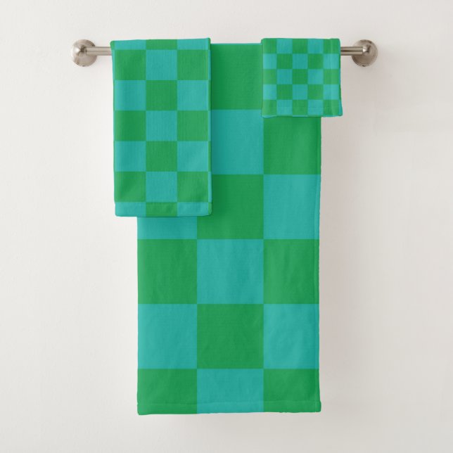 Green Blue Chequered Gingham Pattern Bath Towel Set (Insitu)