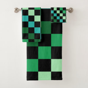 Green Blue Chequered Gingham Pattern Bath Towel Set