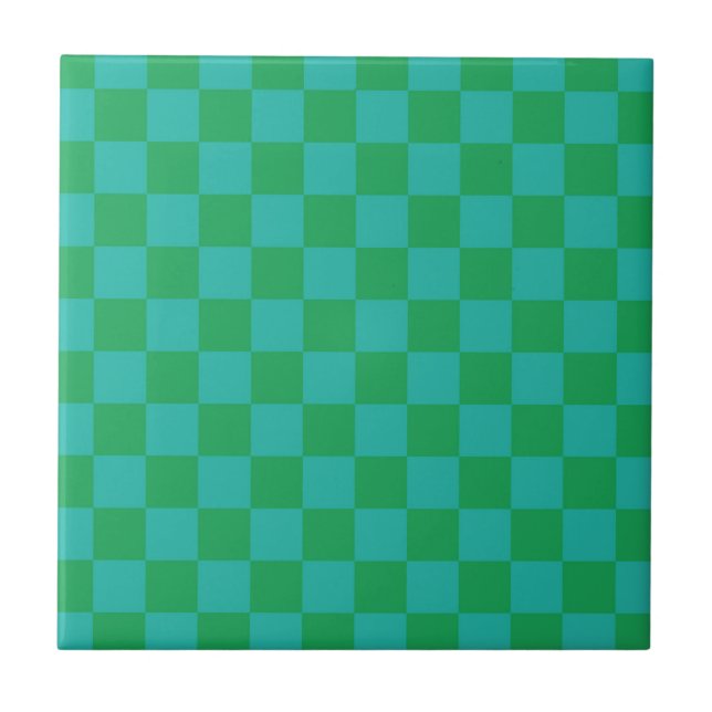 Green Blue Chequered Gingham Pattern Ceramic Tile (Front)