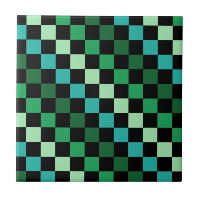Green Blue Chequered Gingham Pattern Ceramic Tile (Front)