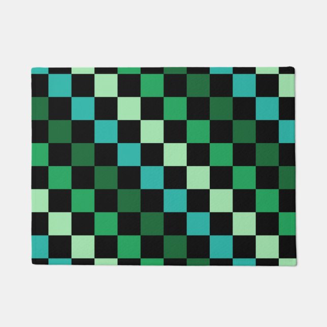 Green Blue Chequered Gingham Pattern Doormat (Front)