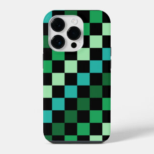 Green Blue Chequered Gingham Pattern iPhone 14 Pro Case