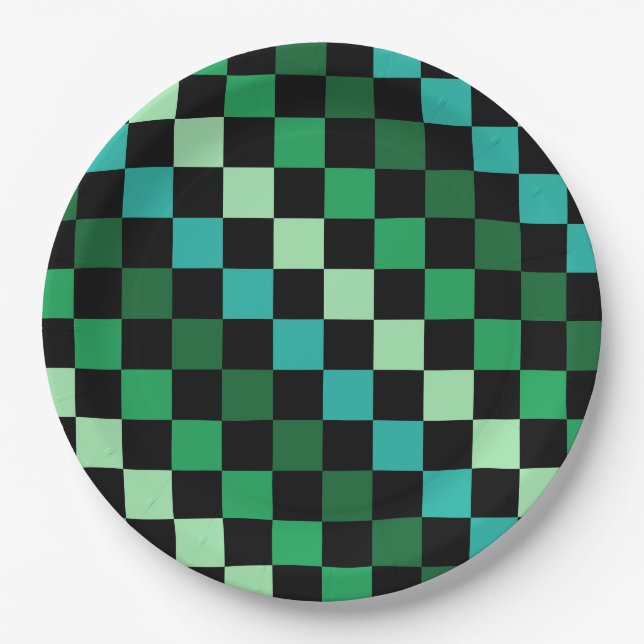 Green Blue Chequered Gingham Pattern Paper Plate (Front)